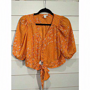 Joie Medium Crop Top Orange‎ Half Sleeve Button Up V-Neck Tie Front Blouse
